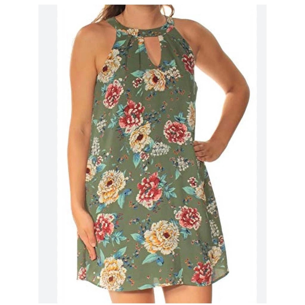 AS U WISH Floral Halter Mini Dress Womens S Olive Green Excellent Keyhole